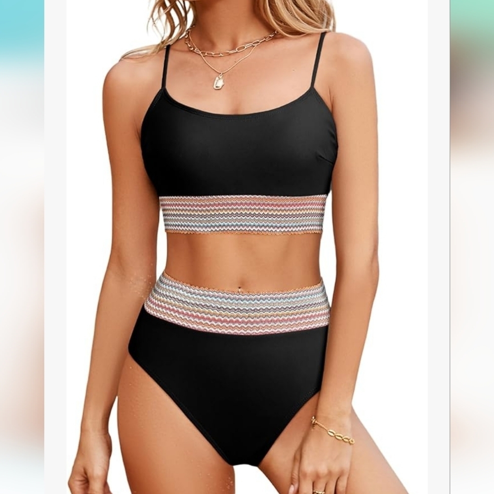 Colorblock Trim 2 Piece High Waisted Swimsuit Scoop Neck black Sz S NWOT